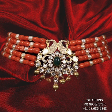Coral mala,coral pendent,Pure silver coral choker Indian necklace ,Moissanite-NIHIRA-SHABURIS