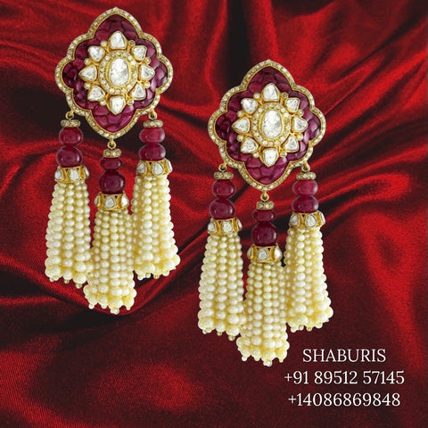 Polki jewelry tassel jewelry polki diamond tassel earrings polki earrings indian jewelry Pure silver jewelry-NIHIRA