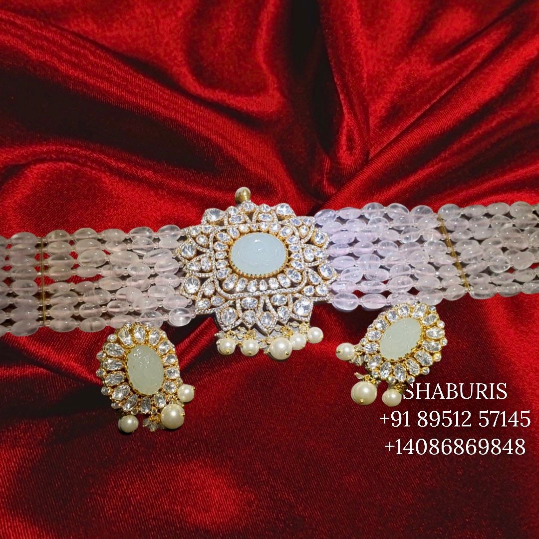 Morganite choker,polki choker,cocktail choker,southindian Jewelery,indian Jewelery,Polki haram,Pure silver jewelry-SHABURIS