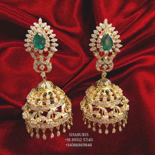 Diamond Jhumka ,diamond earrings,Pure silver Jhumkas Indian,Indian Earrings,Indian Wedding Jewelry -NIHIRA-SHABURIS