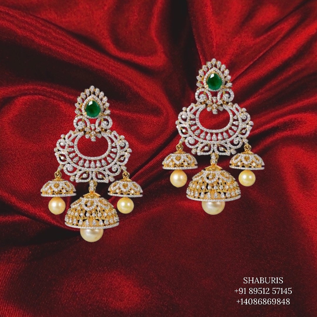 Diamond Jhumka ,diamond earrings,Pure silver Jhumkas Indian,Indian Earrings,Indian Wedding Jewelry -NIHIRA-SHABURIS