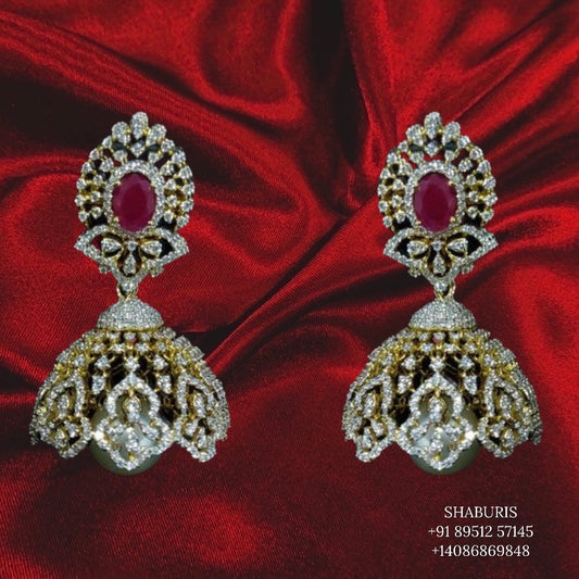 Diamond Jhumka,flat diamond studs ,diamond earrings indian,ruby diamond jhumka,swarovski diamond jhumka,emerald earrings,silver