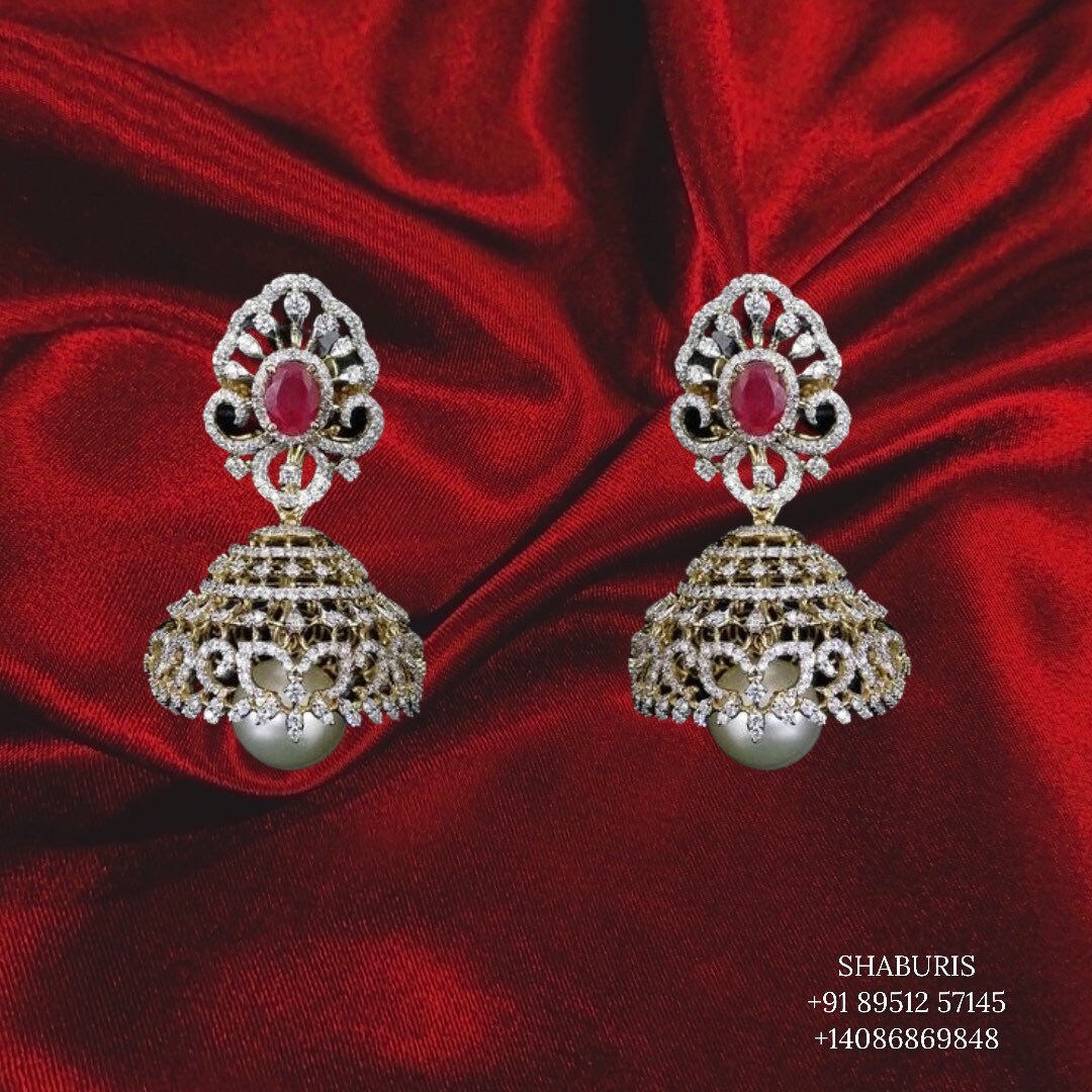 Diamond Jhumka,diamond chandbali,diamond earrings indian,detatchable diamond jhumka,swarovski diamond jhumka,chandbali earrings-SHABURIS