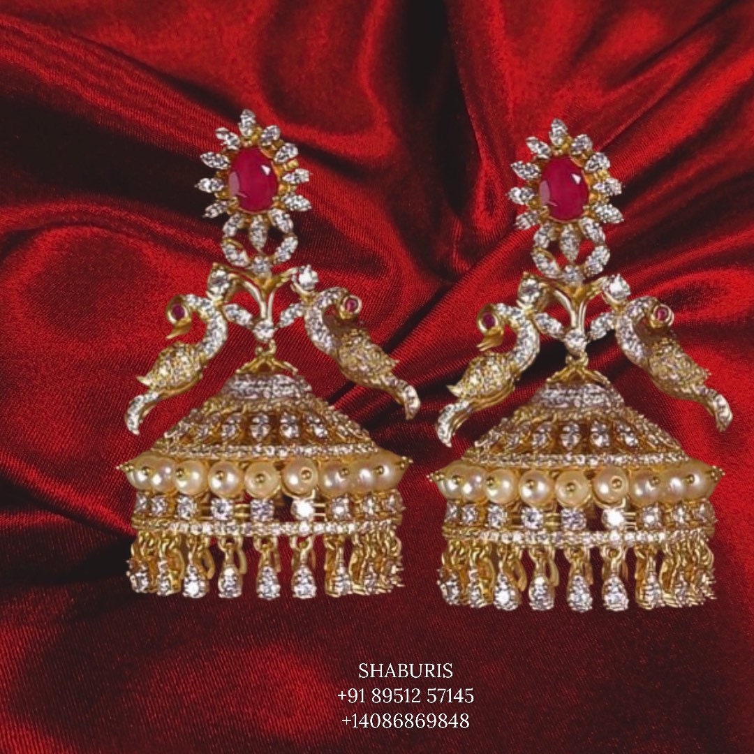 Peacock Jhumka,diamond buttalu,diamond jhumka indian,detatchable diamond jhumka,swarovski diamond jhumka,indian earrings,silver