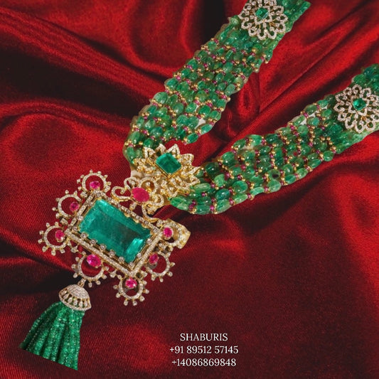 Latest Indian Jewelry,South Indian Jewellery,Pure silver diamond pendent,emerald beads,Indian Wedding Jewelry -NIHIRA-SHABURIS