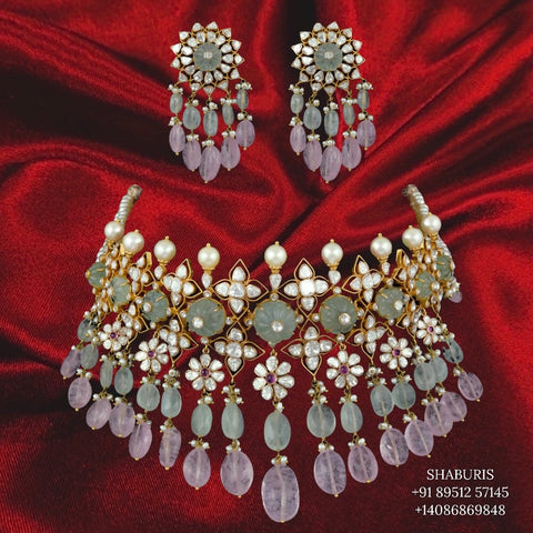 Polki necklace inspired designer silver jewelry, silver jewelry ,polki chandbali statement jewelry,polki earrings,diamond earrings -SHABURIS