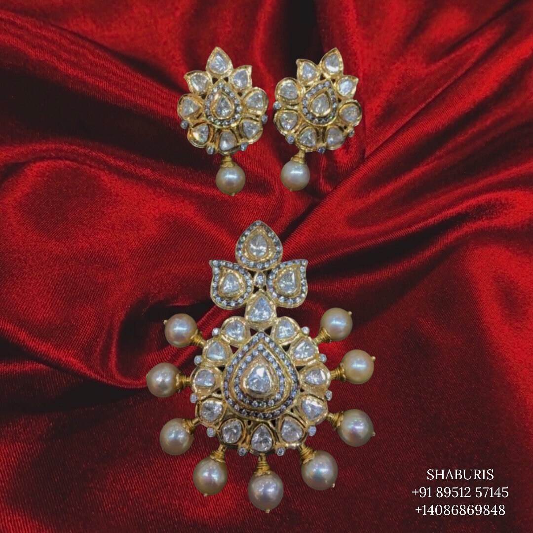 Polki pendant,Latest Indian Jewelry,South Indian Jewelry,Pure silver jewelry,south sea pearl,diamond pendent,diamond studs-SHABURIS