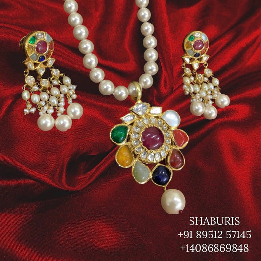 Navaratan necklace,Pure Silver Jewellery Indian ,simple Necklace,rubies,Indian party wear jewelry,Indian kids Jewelry-NIHIRA-SHABURIS