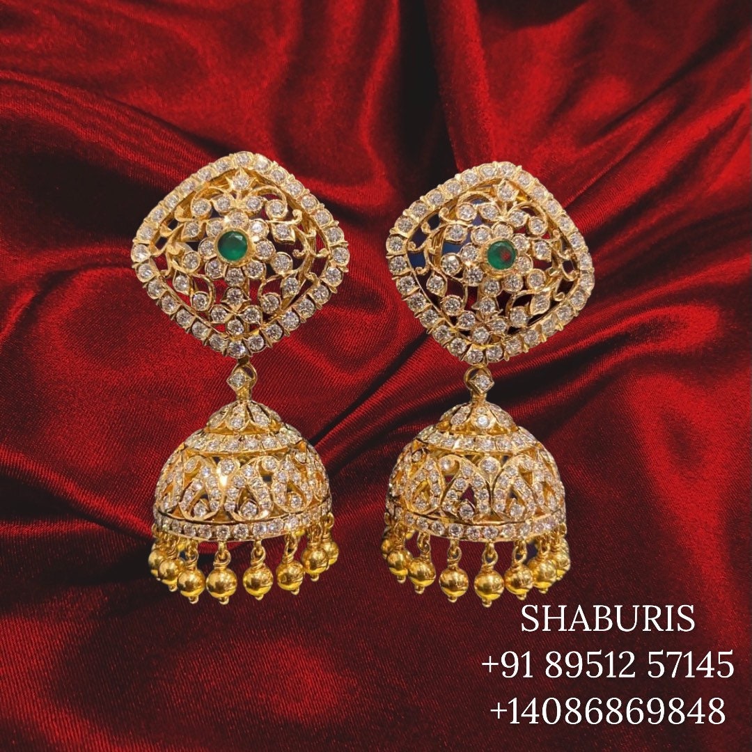 Diamond hanging earrings, diamond jhumka ear ring,Pure silver south indian jewelry 925 silver jewelry indian lyte weight jewelry-SHABURIS