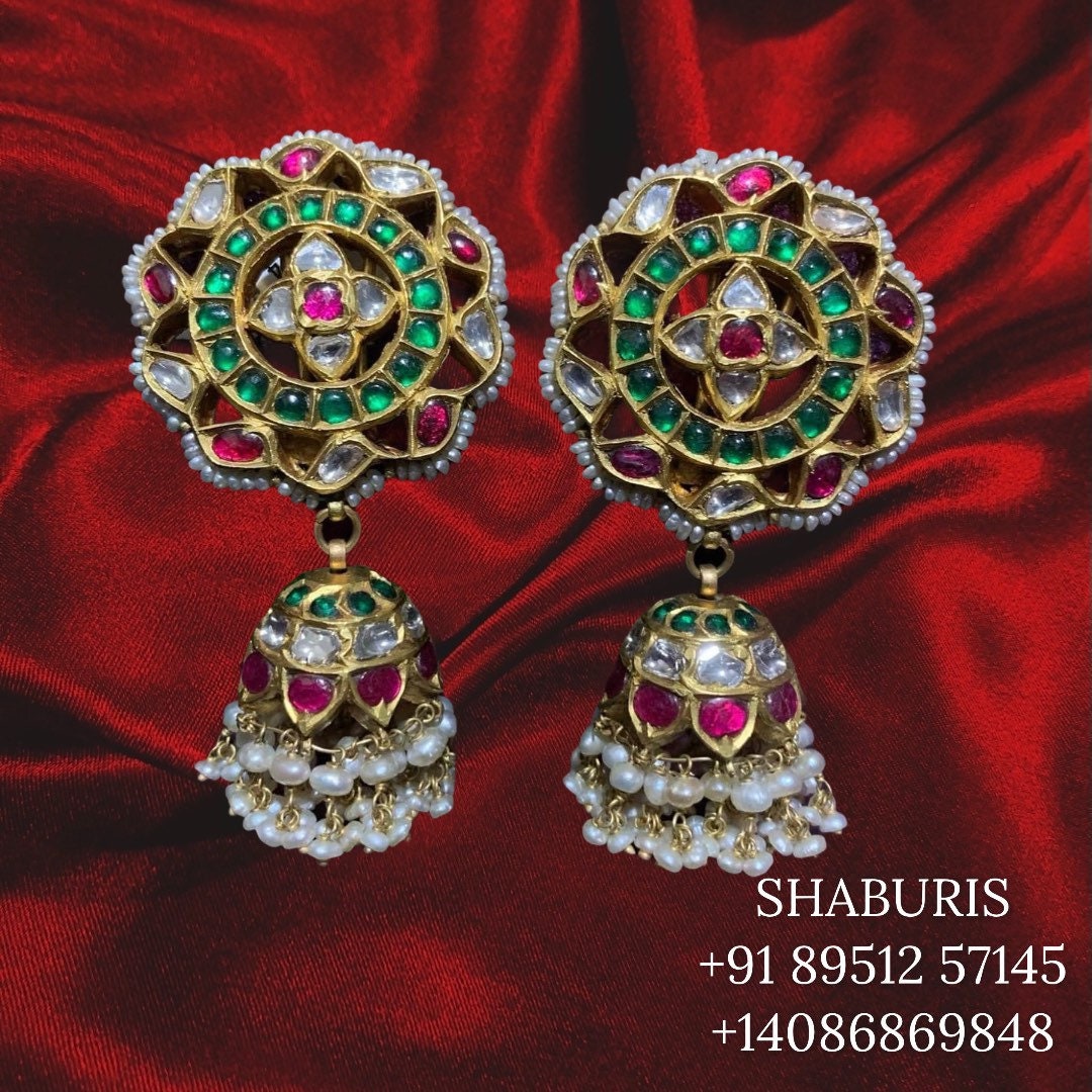 Kundan hanging earrings, diamond jhumka ear ring,Pure silver south indian jewelry 925 silver jewelry indian lyte weight jewelry-SHABURIS