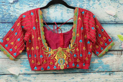 Maggam work designer blouse - Pattu Saree Blouse -kundan work blouse - handloom Saree Blouse - red Saree Blouse - red  Blouse