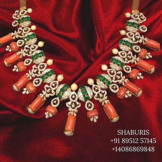 Coral necklace bead jewelry gemstone jewelry polki diamond emerald necklace pure silver jewelry south indian gold jewelry sets -SHABURIS
