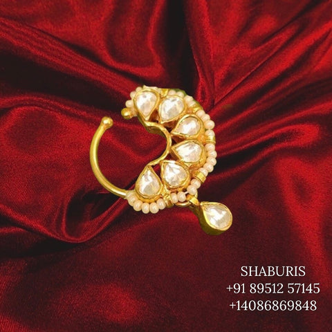 925 Pure Silver, Gold plated, Diamond Finish Nosepin, Latest Indian Jewelry, Polki jewelry diamond jewelry moissanites rubies - SHABURIS