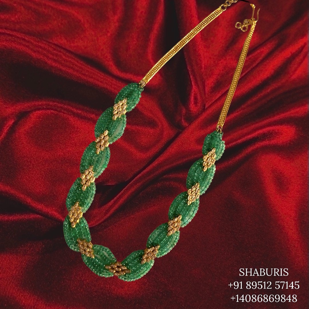 Emerald Bead Necklace, Beaded Jewelry,polki Indian Jewelry,Pure silver polki jhumka,Diamomd  Jhumka,Indian Wedding Jewelry -SHABURIS
