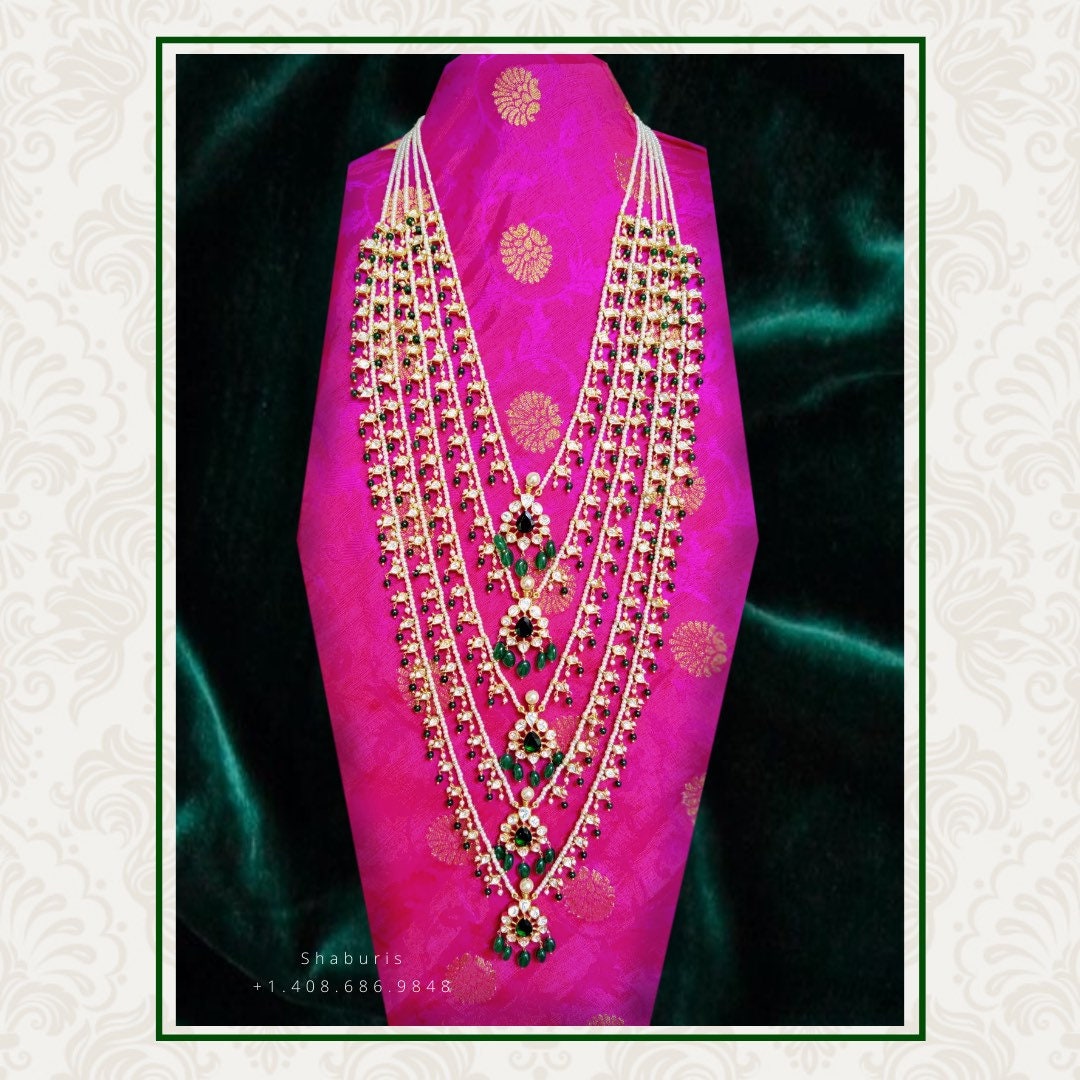 Panch lada pearl haram jades gem jewelry south indian hyderabadi jewelry pure silver sabyasachi jewelry inspired -SHABURIS