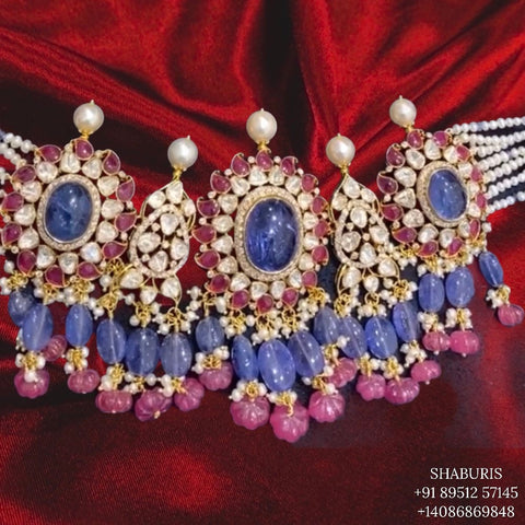 Tanzanite Necklace,polki diamond pendent,Pure silver south sea pearl choker Indian necklace ,925 silve jewelry ,Moissanite-NIHIRA-SHABURIS