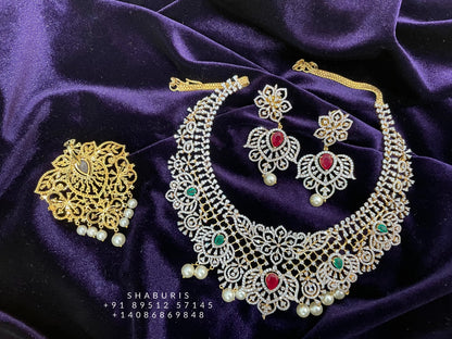 925 silver Jewelry,South Indian Jewelry,diamond choke,bridal choker,Indian Wedding Jewelry,pure Silver indian jewelry - NIHIRA - SHABURIS