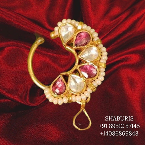 925 Pure Silver, Gold plated, Diamond Finish Nosepin, Latest Indian Jewelry, Polki jewelry diamond jewelry moissanites rubies - SHABURIS
