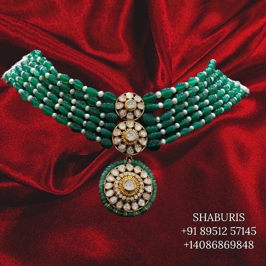 Polki jewelry moissanite diamond necklace,Pure silver russian emerald 925 silver jewelry indian lyte weight jewelry-SHABURIS