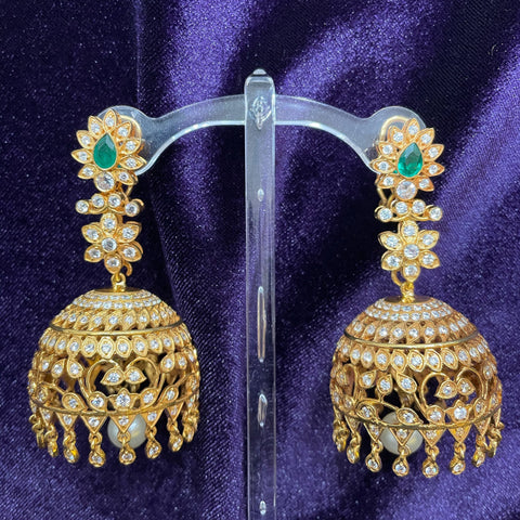 925 silver Jewelry,South Indian Jewelry,jhumka,clustered pearl,diamond  jhumka,pure Silver indian jewelry - NIHIRA - SHABURIS