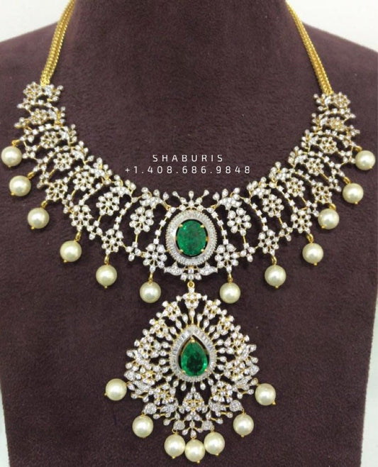 Diamond necklace,South Indian Jewelry,diamond chokerbridal choker,Indian Wedding Jewelry,pure Silver indian jewelry - NIHIRA - SHABURIS