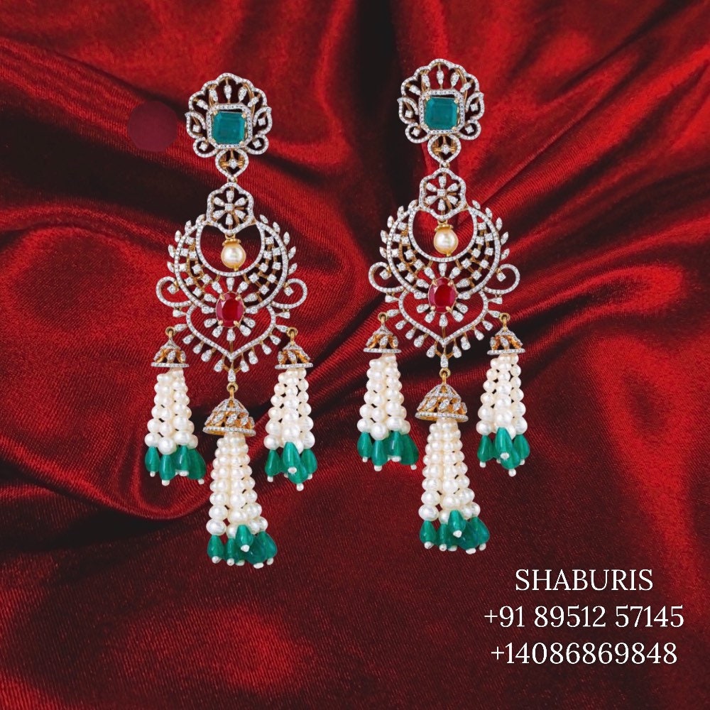 Tassel earrings,swarovski pearls,sabyasachi jewelry inspired Traditional indian Jewelery,Polki earrings,Pure silver jewelry-NIHIRA