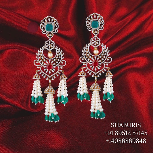 Tassel earrings,swarovski pearls,sabyasachi jewelry inspired Traditional indian Jewelery,Polki earrings,Pure silver jewelry-NIHIRA