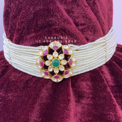 Pearl choker,Pure Silver jewelry Indian, diamond choker set,Sabyasachi style,Indian Bridal,Indian Wedding Jewelry-NIHIRA-SHABURIS