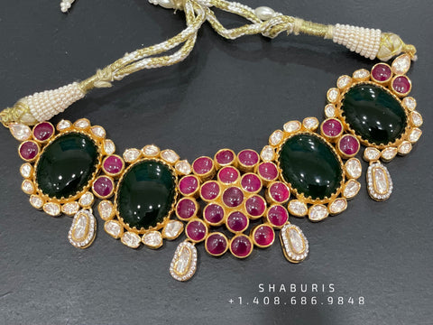 Pearl polki choker,Pure Silver jewelry Indian, diamond choker set,Sabyasachi jewelry inspired,Indian Bridal,Indian Jewelry-NIHIRA-SHABURIS