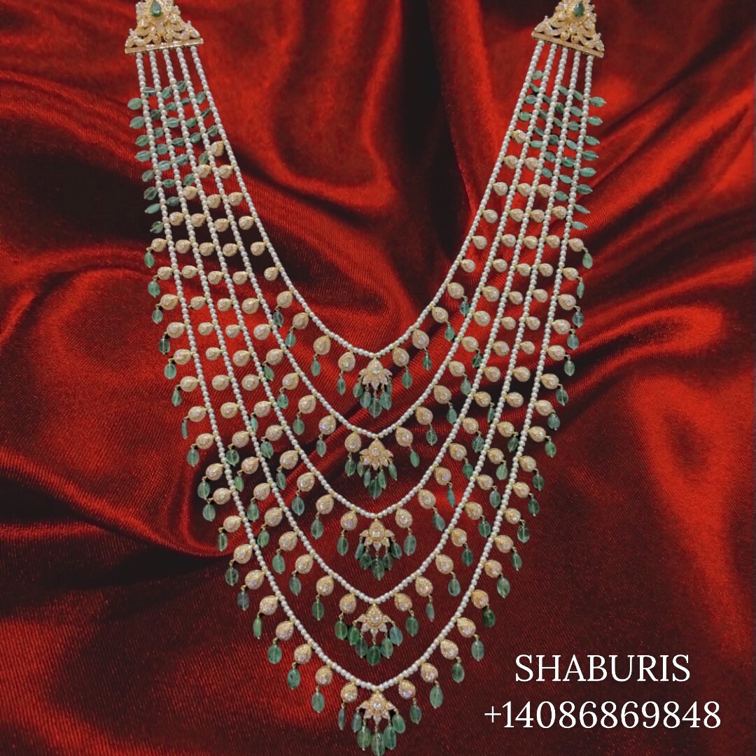 Panch lada pearl haram jades gem jewelry south indian hyderabadi jewelry pure silver sabyasachi jewelry inspired -SHABURIS