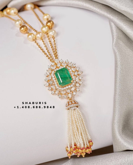 Tassel pendant,swarovski chain,sabyasachi jewelry inspired Traditional indian Jewelery,Polki haram,Pure silver jewelry-NIHIRA
