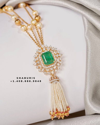 Tassel pendant,swarovski chain,sabyasachi jewelry inspired Traditional indian Jewelery,Polki haram,Pure silver jewelry-NIHIRA