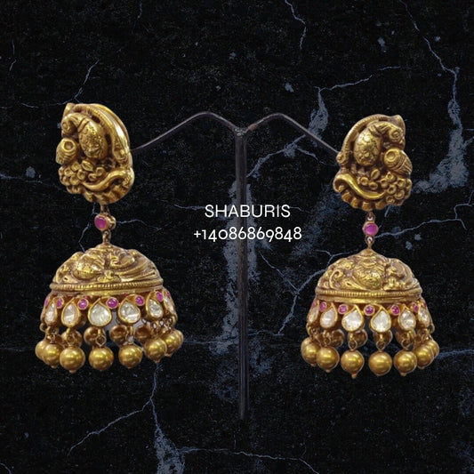 Antique Jhumka,antique buttalu indian,indian gold earrings,chandbali jhumka,ruby emerald jhumka,chandbali earrings,silver