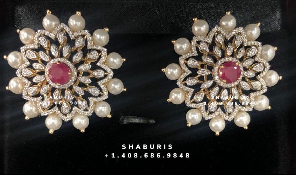 Diamond studs ,Pure Silver Jewellery Indian ,Big Stud,diamond jhumka ,Indian Bridal,Indian Wedding Jewelry-NIHIRA-SHABURIS