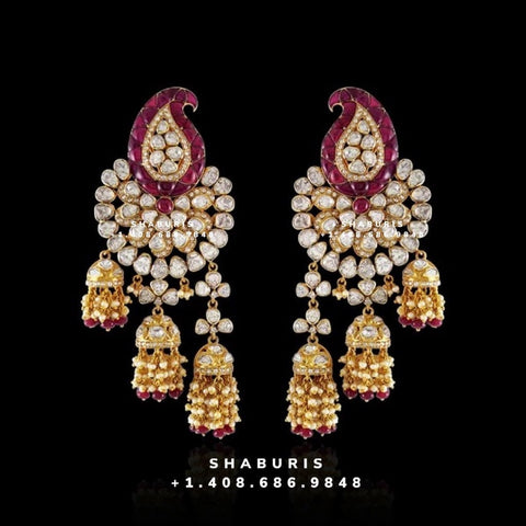 Red PAISLEY JHUMKI - Pure silver and Rose Cut (Chakri) silver jewelry indian jewelry polki jhumki earrings polki earrings - SHABURIS