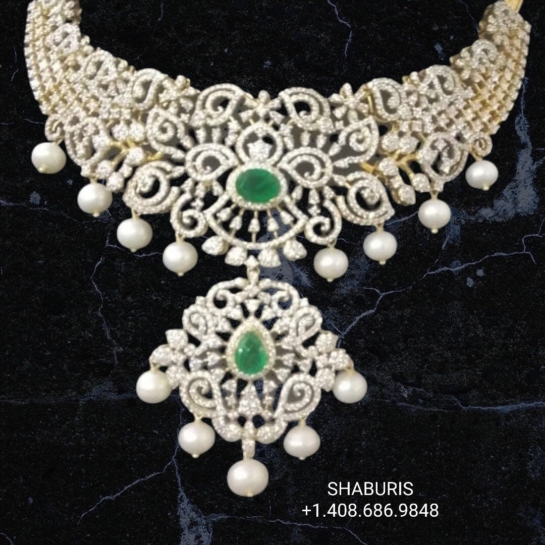 Diamond Choker Pure Silver jewelry Indian ,diamond Necklace,Indian Necklace,Indian Bridal,Indian Wedding Jewelry-NIHIRA-SHABURIS