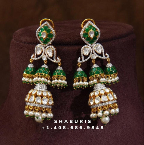 Polki JHUMKI - Pure silver and Rose Cut (Chakri) silver jewelry indian jewelry polki jhumki earrings polki earrings - SHABURIS