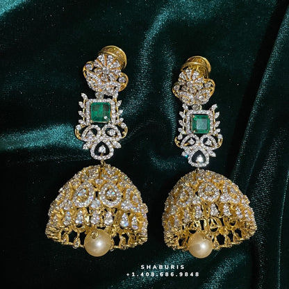 Diamond jhumka diamond buttalu diamond earrings emerald stones diamond jhumka pure silver jewelry diamond jewelry bridal custom made jewelry