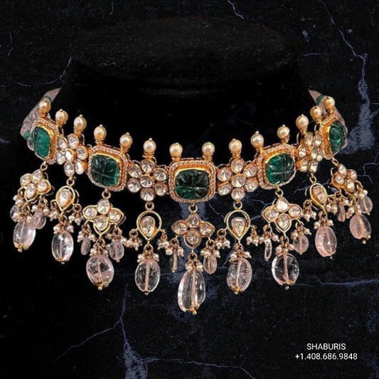 Emerald choker,polki diamond pendent,Pure silver south sea pearl choker Indian necklace ,statement jewelry,pendent ,Moissanite--SHABURIS