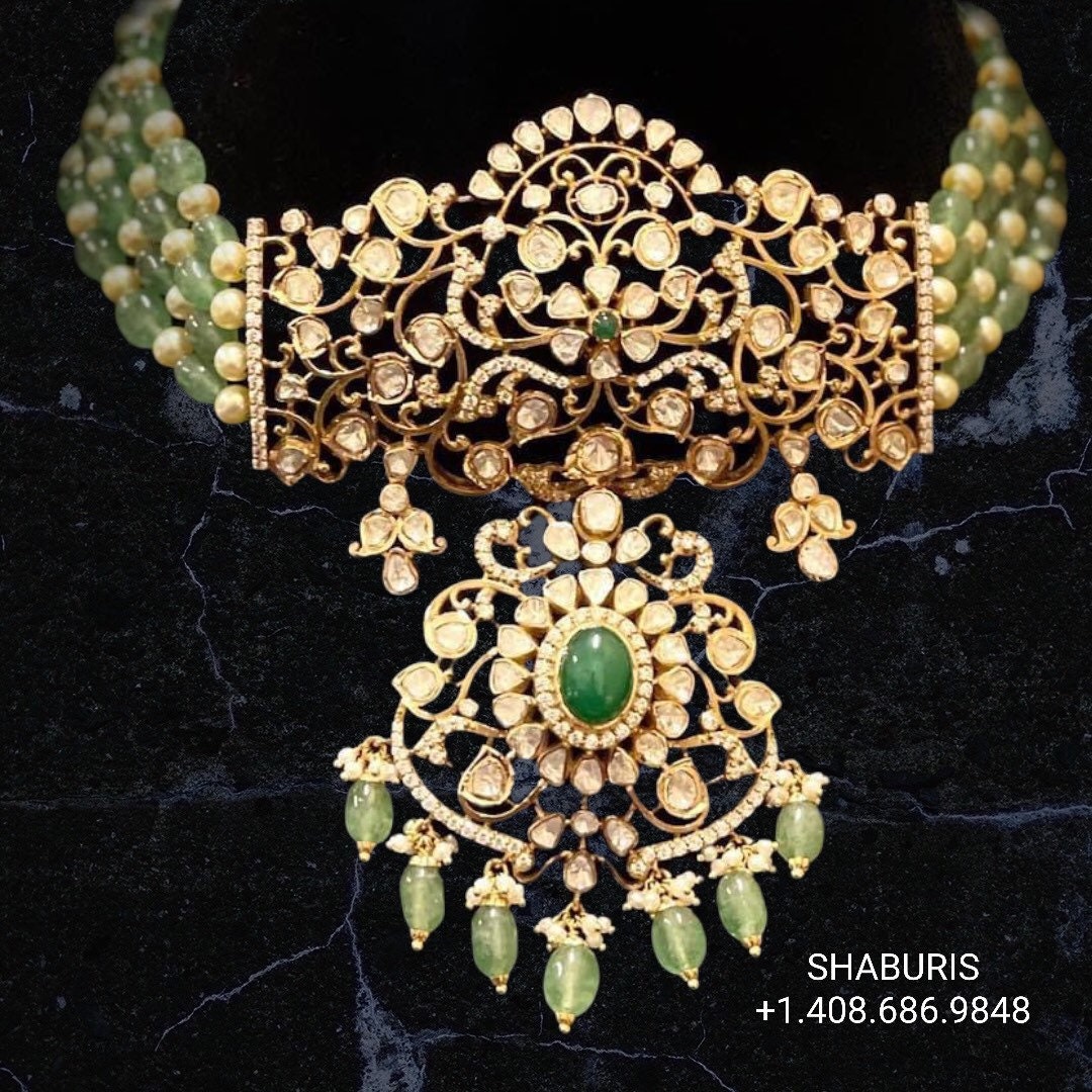 Polki jewelry moissanite diamond necklace,Pure silver russian emerald 925 silver jewelry indian lyte weight jewelry-SHABURIS