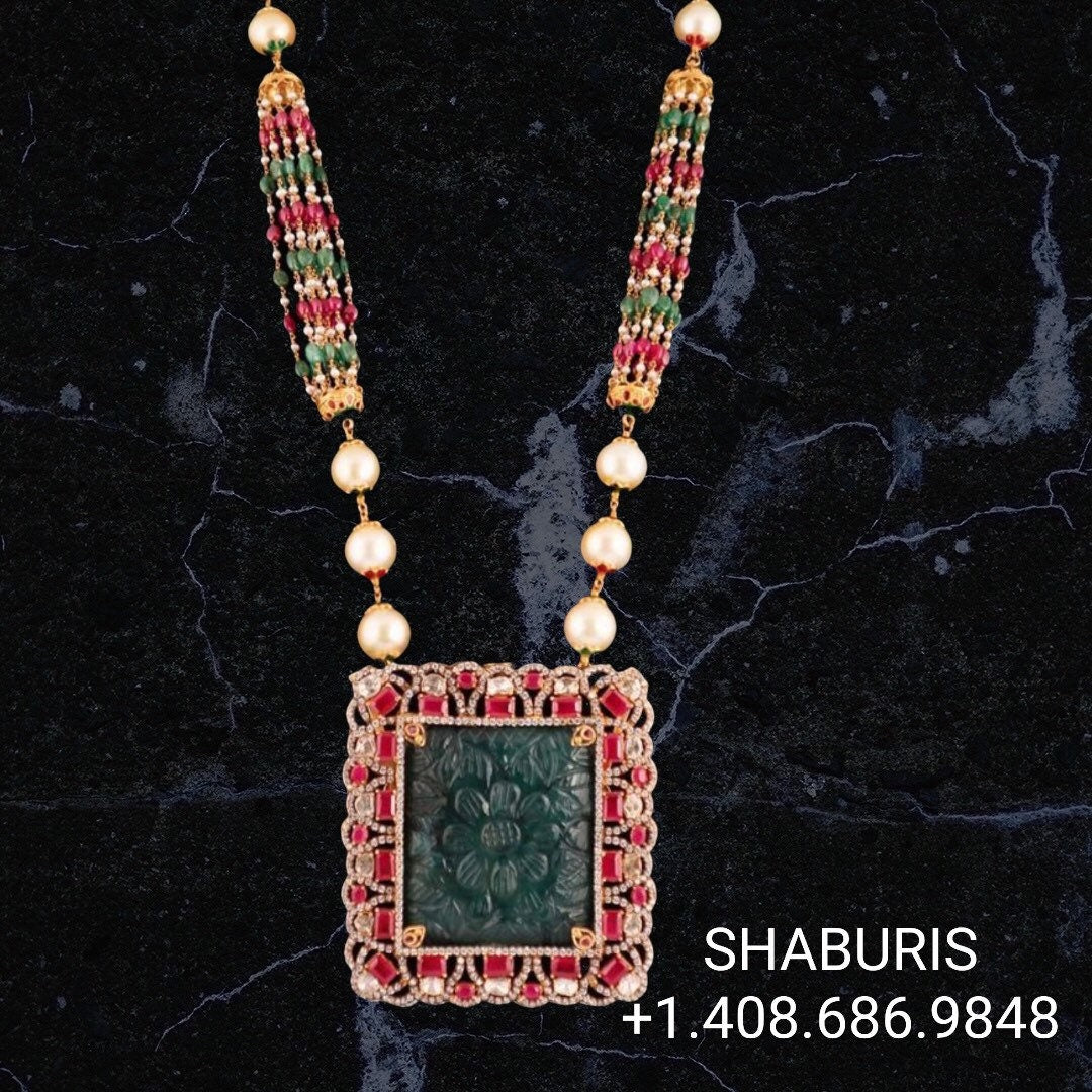 Polki jewelry moissanite diamond necklace,Pure silver russian emerald 925 silver jewelry indian lyte weight jewelry-SHABURIS