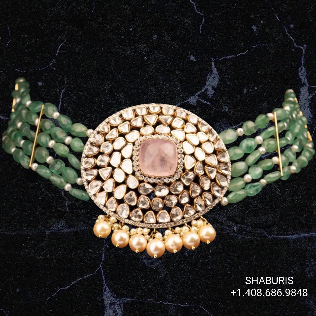 Diamond choker bead jewelry gemstone jewelry polki diamond emerald necklace pure silver jewelry south indian gold jewelry sets -SHABURIS