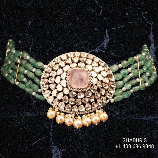 Diamond choker bead jewelry gemstone jewelry polki diamond emerald necklace pure silver jewelry south indian gold jewelry sets -SHABURIS