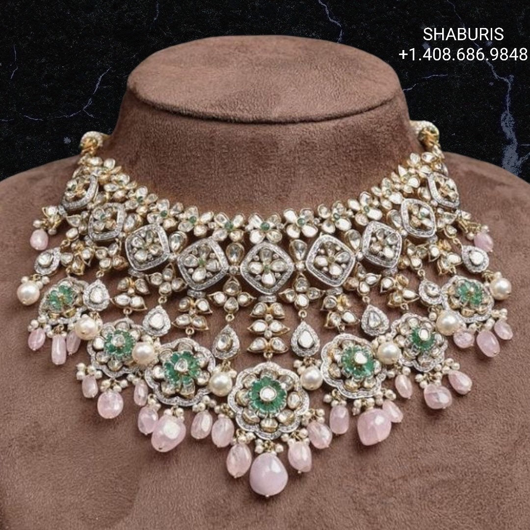 Diamond choker bead jewelry gemstone jewelry polki diamond emerald necklace pure silver jewelry south indian gold jewelry sets -SHABURIS