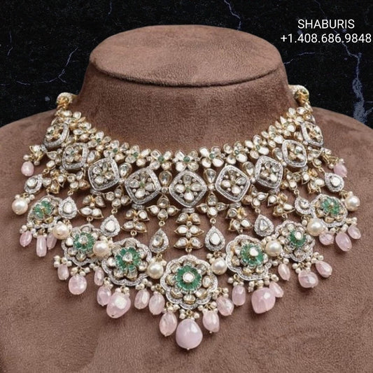 Diamond choker bead jewelry gemstone jewelry polki diamond emerald necklace pure silver jewelry south indian gold jewelry sets -SHABURIS