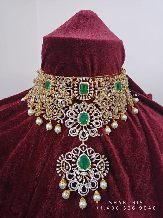 Diamond choker,Heavy choker,Sabyasachi Jewelry inspired,southindian Jewelery,indian Jewelery,gold dipped jewelry,Pure silver jewelry-NIHIRA