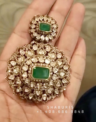 Victorian Diamond pendant gemstone jewelry polki diamond emerald necklace pure silver jewelry south indian gold jewelry sets -SHABURIS