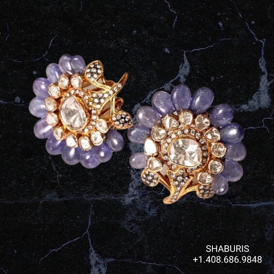 Tanzanite stud,polki stud,polki diamond jewelry in silver,big studs,indian jewelry,statement jewelry-SHABURIS