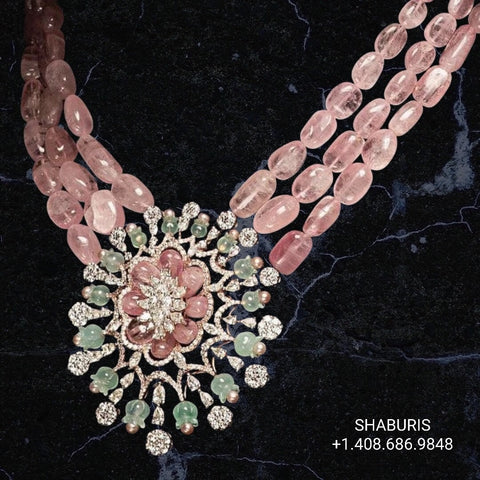 Morganite choker,polki diamond pendent,Pure silver south sea pearl choker Indian necklace ,statement jewelry,pendent ,Moissanite--SHABURIS