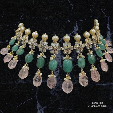 Emerald choker,polki diamond pendent,Pure silver south sea pearl choker Indian necklace ,statement jewelry,pendent ,Moissanite--SHABURIS